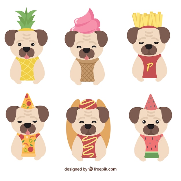 Free Vector fun pugs with food costumes