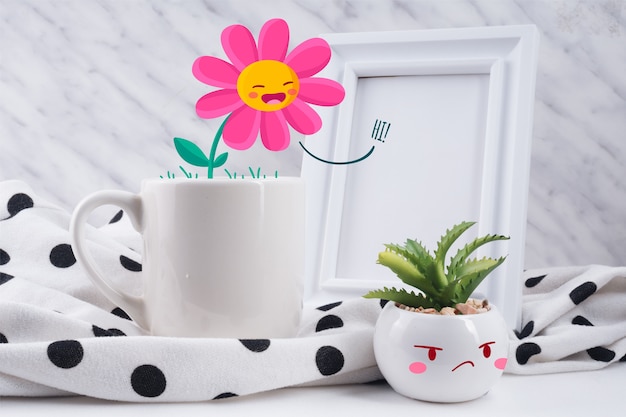 Free Vector fun scene of cup and illustrated plants interacting 