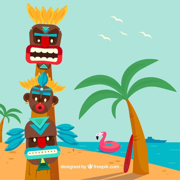 Free Vector fun tiki totem on the beach with flamingo