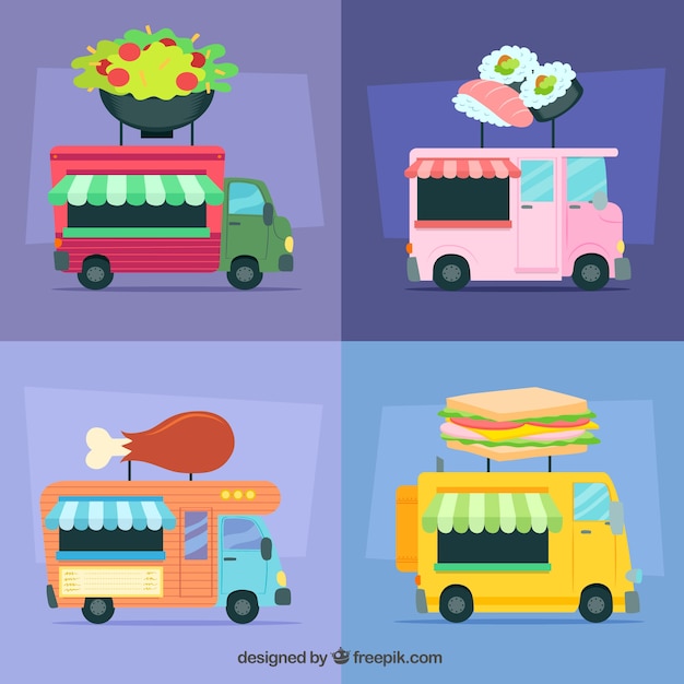 Free Vector fun variety of food trucks with flat design