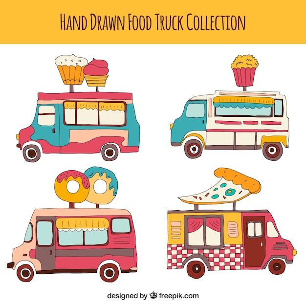 Free Vector fun variety of hand drawn food trucks