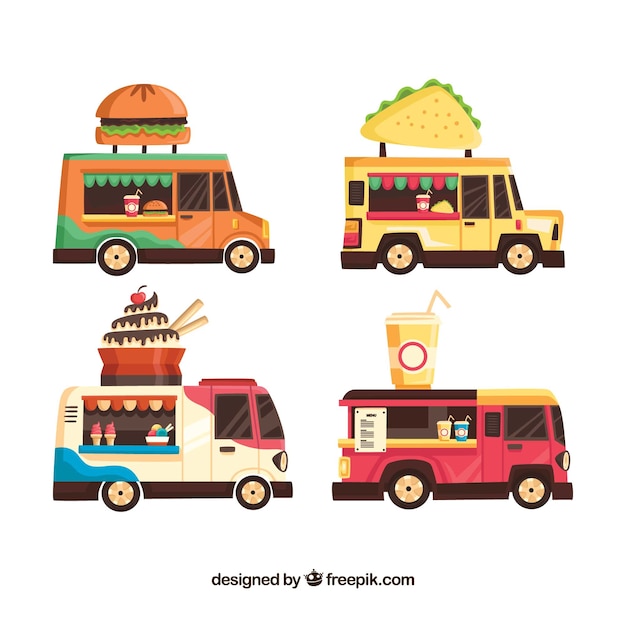 Free Vector fun variety of modern food trucks