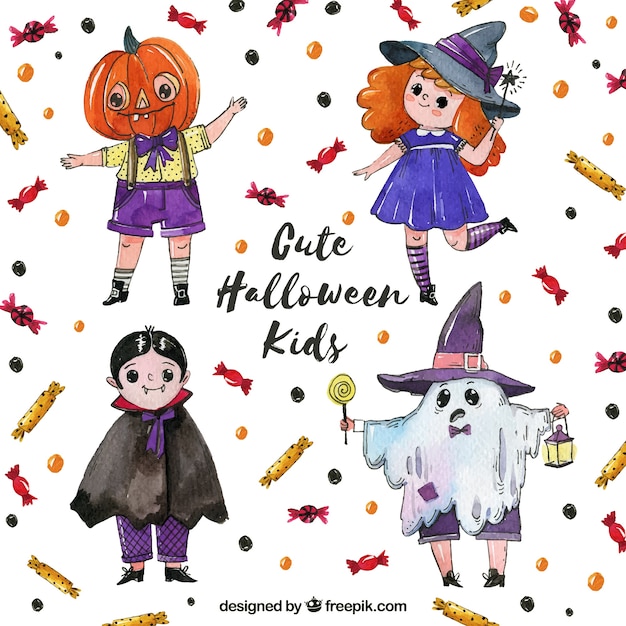 Free vector fun watercolor halloween kids