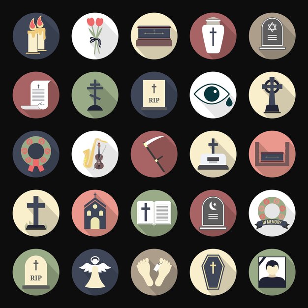 Funeral icons in flat style on colored circles. Elements on the theme of death, the funeral ceremony.