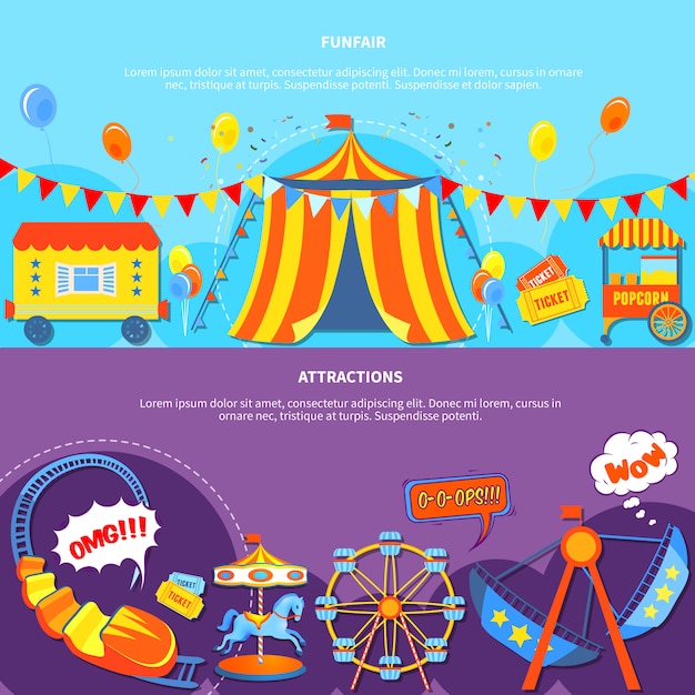 Free Vector funfair and attractions 2 flat banners