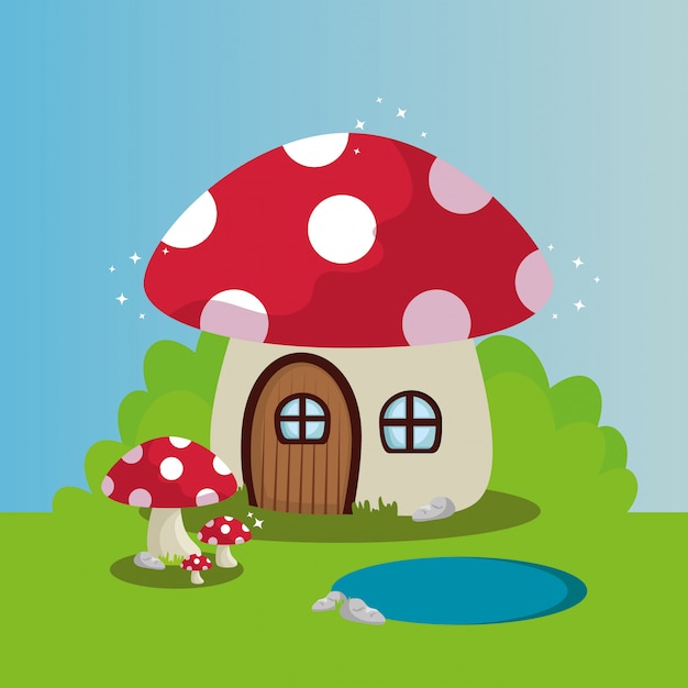 Free Vector fungus house in scene fairytale