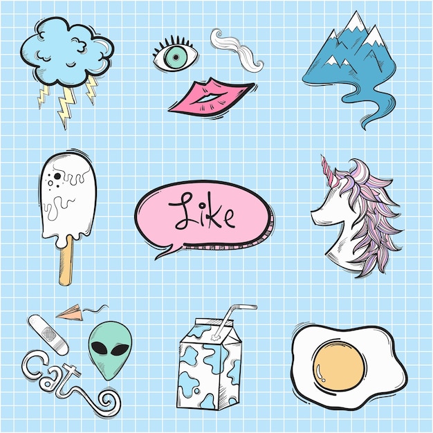 Funky doodle cartoon sticker vector set