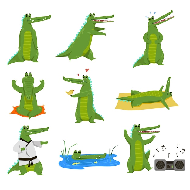 Free vector funny alligator cartoon character illustration set