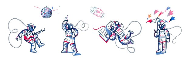 Funny astronaut in space set man dancing to funky disco music playing guitar standing with umbrella in space reading book Space exploration fun entertainment