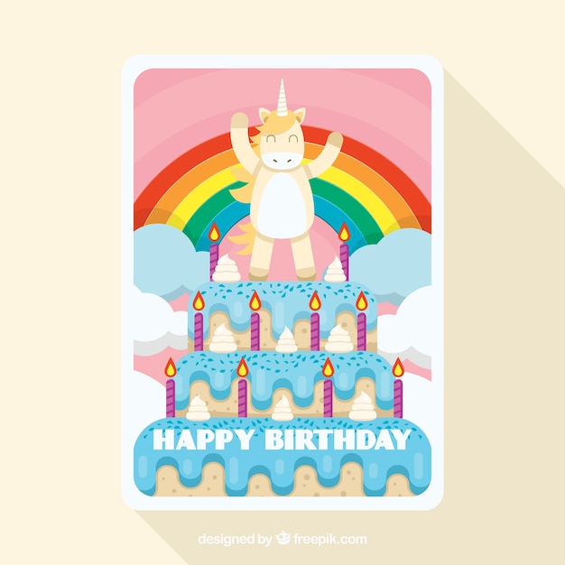 Free Vector funny birthday card with a unicorn on a cake