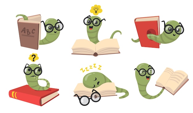 Funny bookworms flat item set. Cartoon library worms in eyeglasses reading book, sleeping and smiling isolated vector illustration collection. Animals and insects concept