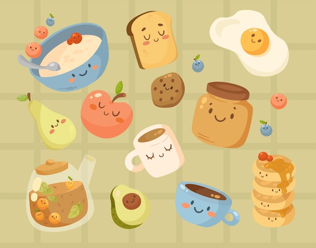 Free Vector funny breakfast food with faces cartoon illustration set. cute porridge, fruits, berries, boiled egg, biscuits characters. cups of coffee, tea and teapot. meal, morning routine concept