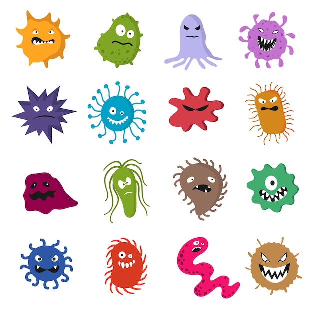 Funny cartoon cute virus and bacteria set isolated on white