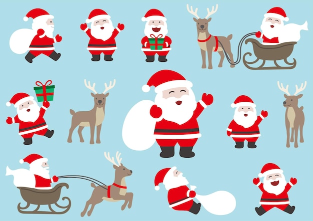 Funny Cartoonish Santa Claus And Reindeer Set Vector Flat Illustration Isolated On A Blue Background