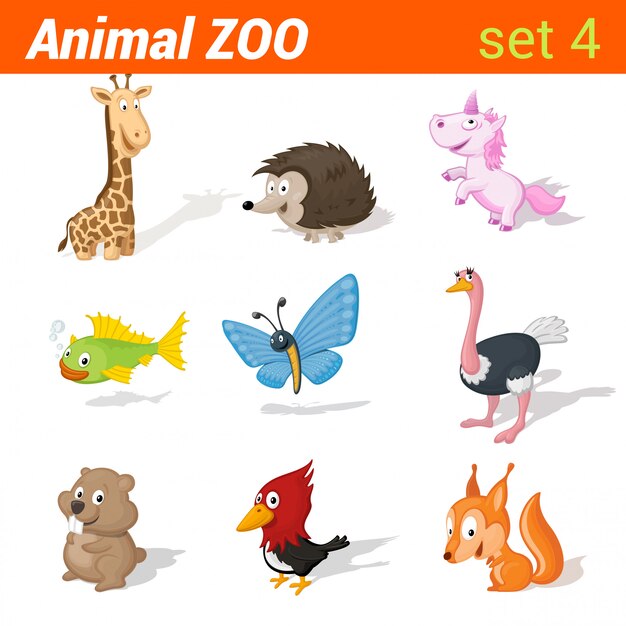 Funny children animals icon set. Kid language learning elements. Giraffe, hedgehog, unicorn, fish, butterfly, ostrich, hamster, woodpecker, squirrel.