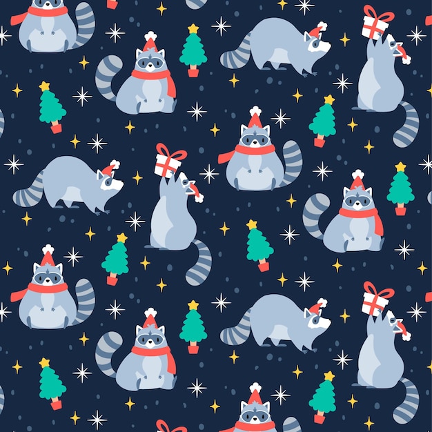 Funny christmas pattern with raccoon