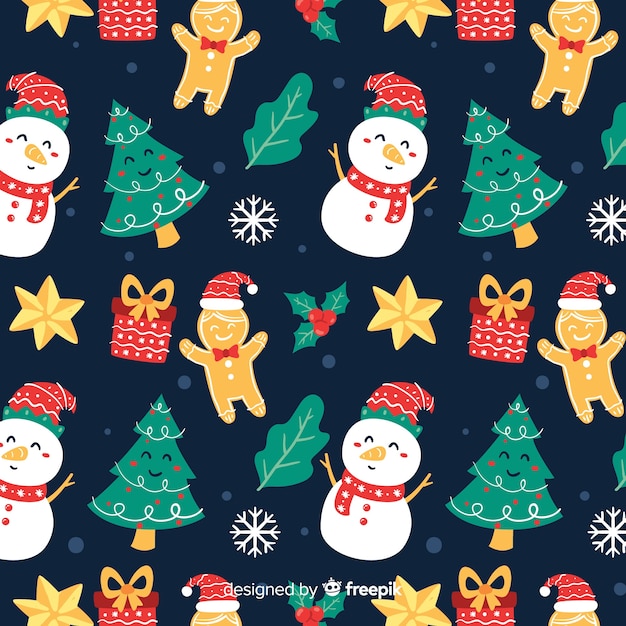 Funny christmas pattern with snowmen and gifts