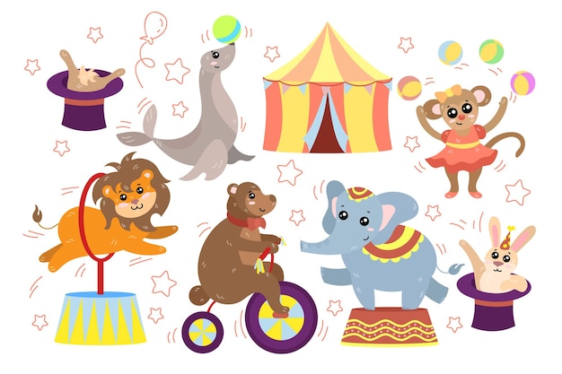 Free Vector funny circus animals doing tricks cartoon illustration set. monkey juggling balls, bear riding bike, elephant standing on stage, rabbit sitting in hat, lion jumping over circle. magicians concept