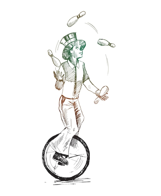 Free vector funny clown juggling balls while riding unicycle performance one wheeled bicycle vector illustration