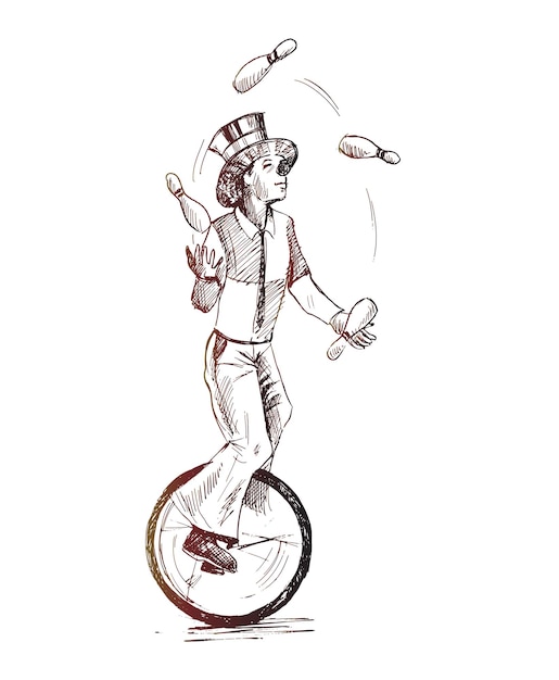 Free Vector funny clown juggling balls while riding unicycle performance one wheeled bicycle vector illustration