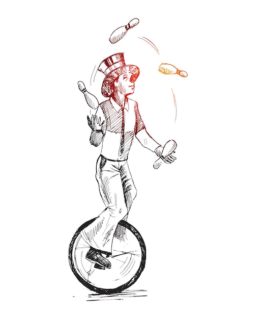 Free vector funny clown juggling balls while riding unicycle performance one wheeled bicycle vector illustration