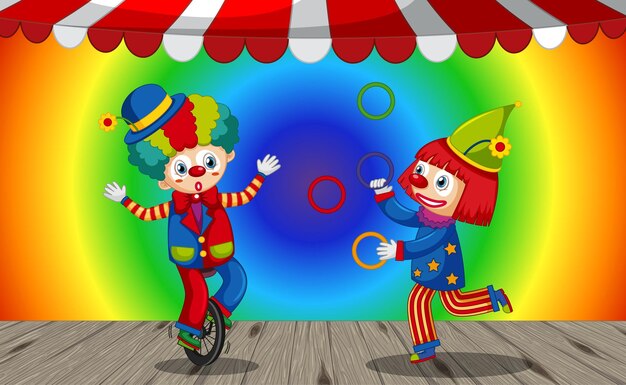 Funny clowns cartoon character on rainbow gradient background