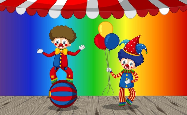 Funny clowns cartoon character on rainbow gradient background