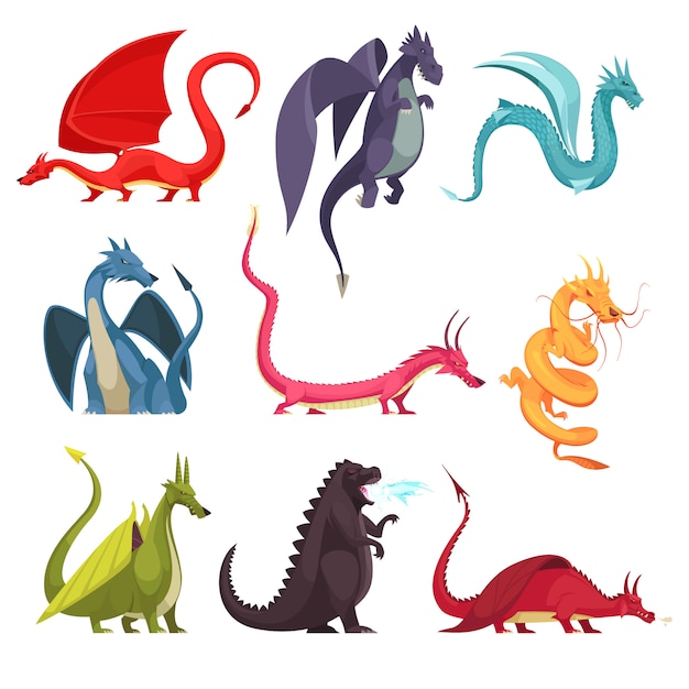 Funny colorful fire breathing dragons monsters weird snake like creatures flat cartoon icons set isolated