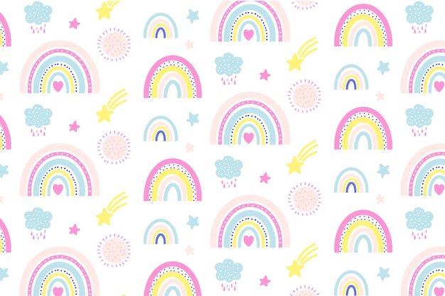 funny and colorful hand drawn  rainbow pattern with stars suns and clouds