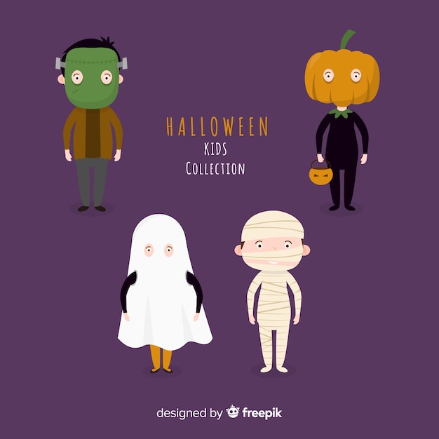 Free vector funny and cute halloween costume kids set with purple background