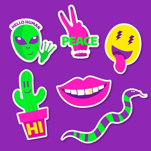 Funny elements with face stickers in acid colours