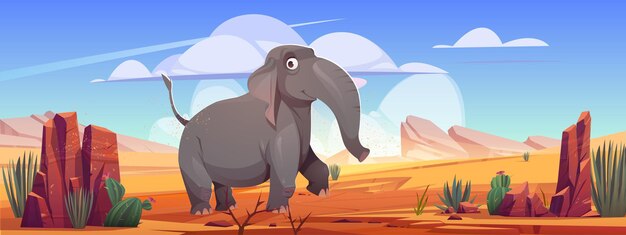 Funny elephant walk at desert landscape cartoon wild animal character at deserted nature background ...