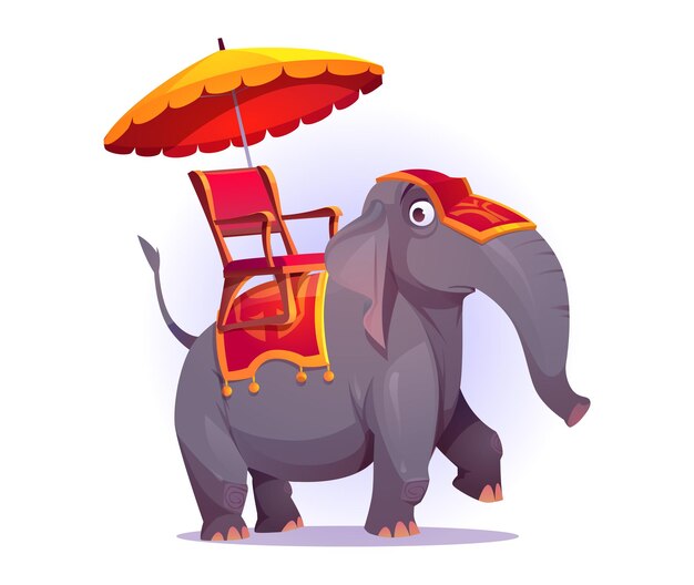 Funny elephant with chair, blanket and umbrella on back. Cartoon wild animal character isolated on white background. Asian tourism, recreation, wildlife, safari park or outdoor zoo Vector illustration