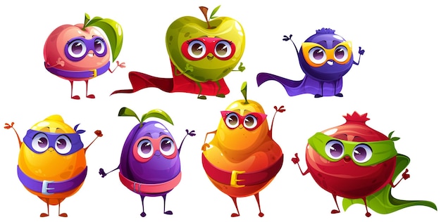 Free Vector funny fruit and berries superhero characters