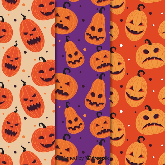 Free vector funny halloween pumpkin faces pattern collection