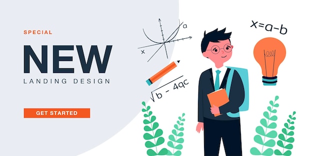 Free Vector funny intelligent schoolboy with glasses and math equations. genius boy studying in school flat vector illustration. mathematics, study, science concept for banner, website design or landing web page