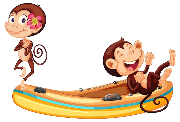 Funny little monkeys on inflatable boat