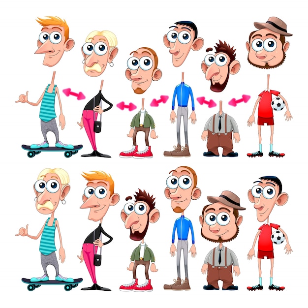 Free Vector funny male avatars with interchangeable heads and bodies