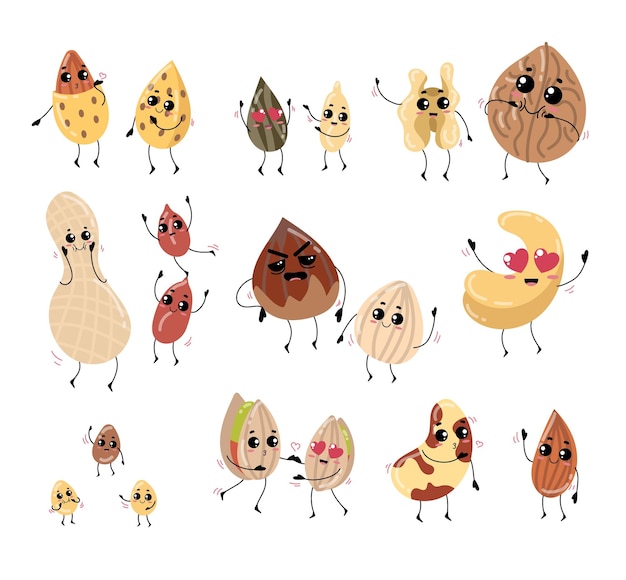 Free Vector funny nuts with cute faces cartoon illustration set. walnut in shell, pistachio, almond, peanut characters with hearts in eyes kissing in air. vegan or vegetarian food, seed, love, emotion concept