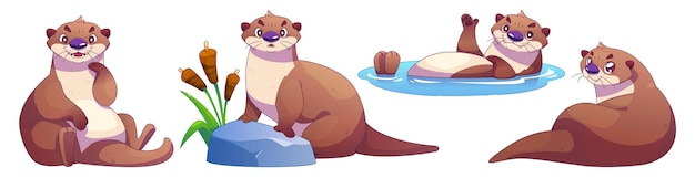 Free Vector funny otter cartoon character set