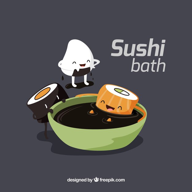 Funny pieces of sushi taking a soya bath