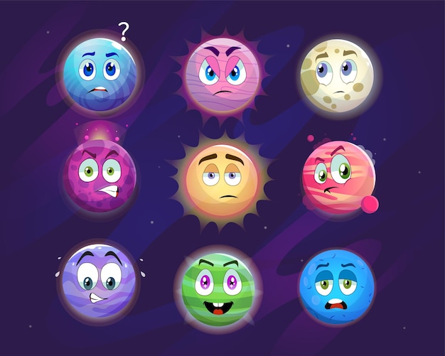 Funny planet cartoon characters illustrations set