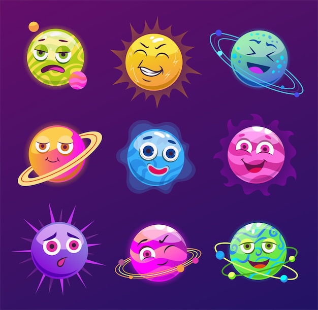 Free Vector funny planets with faces cartoon illustrations set