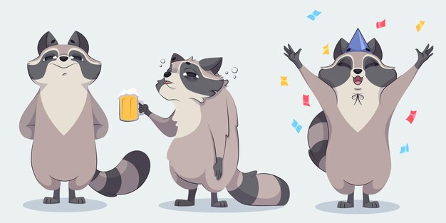 Funny racoon characters set