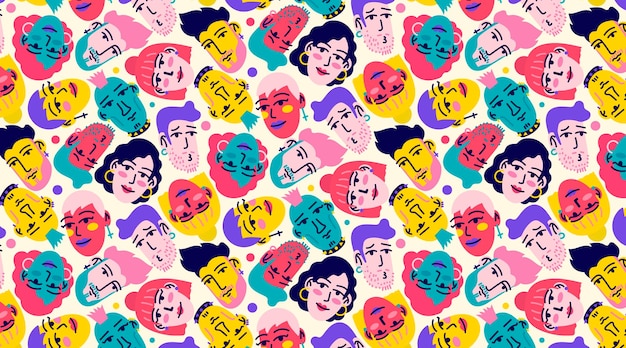 Funny Seamless Pattern with hand drawn faces of young people