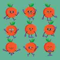 Free vector funny set of fruit in cartoon character in various gestures orange in comic for graphic designer vector illustration