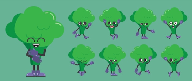 Free Vector funny set of vegetable in cartoon character in various gestures broccoli with different emotion in comic style for graphic designer vector illustration