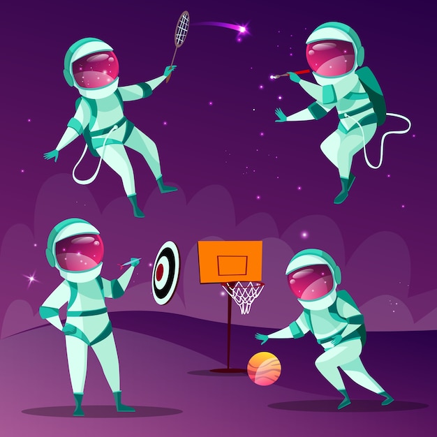 Free Vector funny spacemen playing darts, basketball, badminton and drawing in outer space 