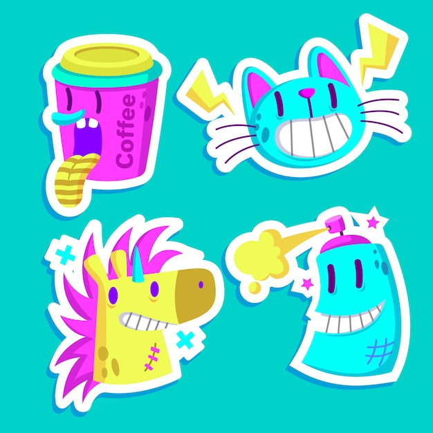 Free vector funny sticker pack with acid colors