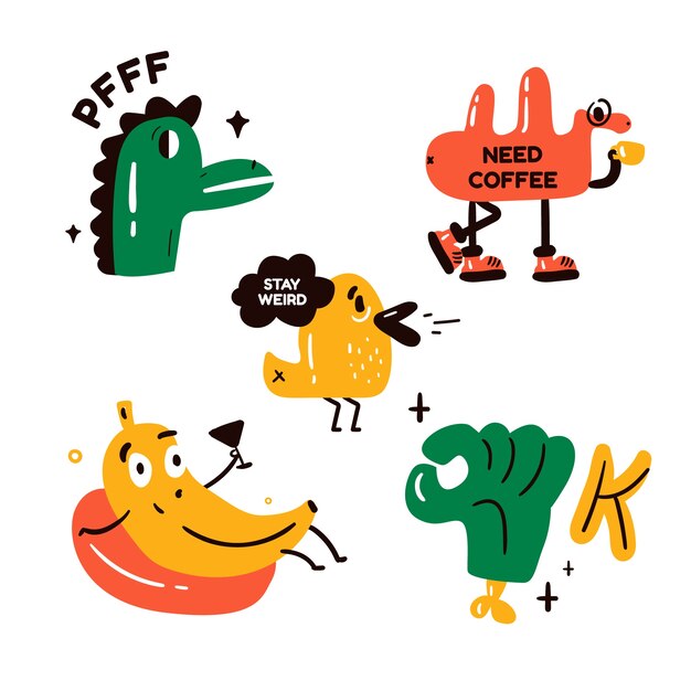 Funny stickers collection with faces and arms